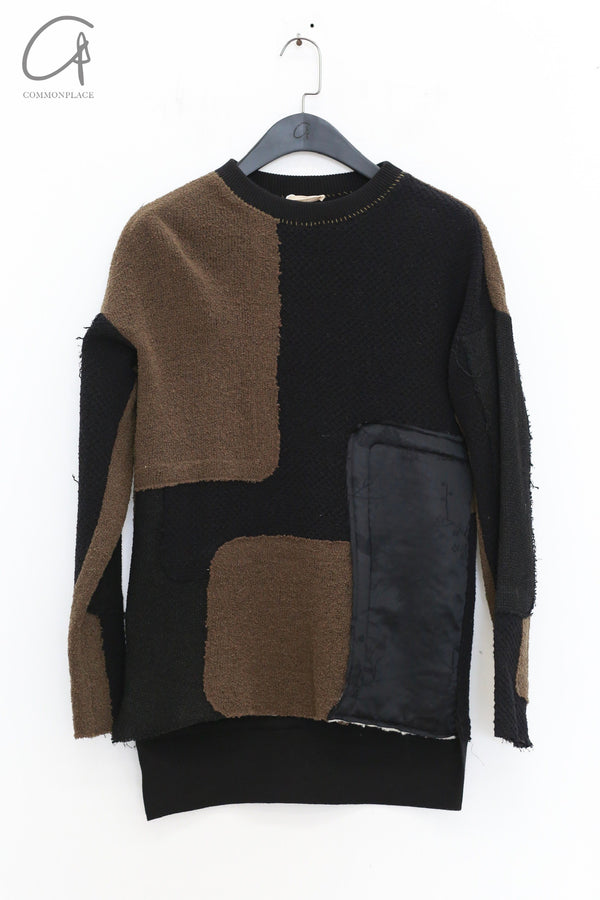 COMMUNS patchwork pullover sweatshirt France CMS-CS/FW24-C119A-BLACK/OLIVER